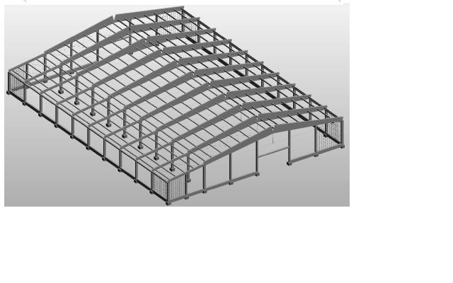 Wizualizacja 3D konstrukcji stalowej hali z elementami drewnianymi, ukazująca szkielet budynku z widocznymi słupami, wiązarami dachowymi i panelami bocznymi.